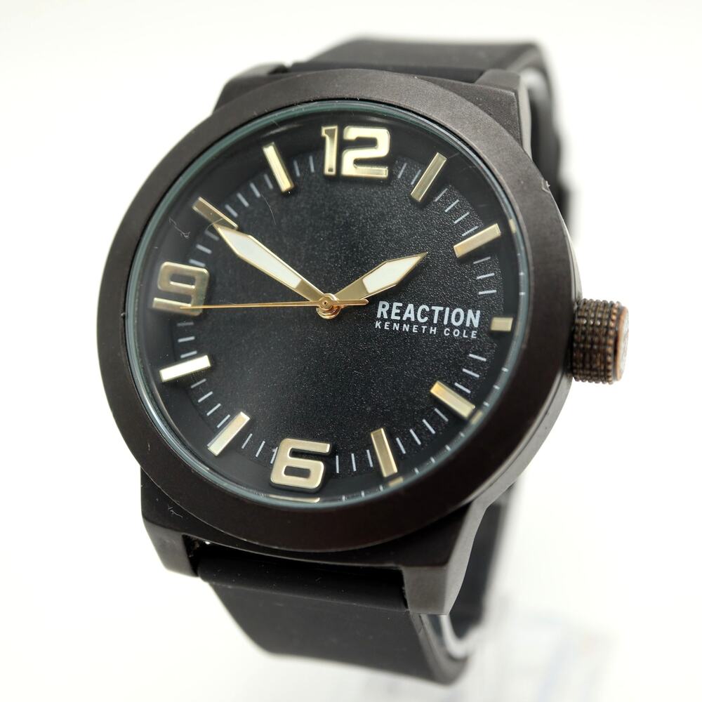 Kenneth Cole Reaction Mens Black Gold Tone Dress Watch 48mm w New Battery